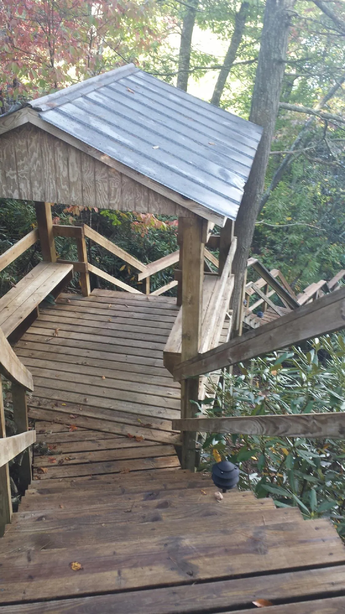 Metal roofed shelter over wooden steps on a wooded walkway — Skylight Repair & Installation work by our crew in Tipp City